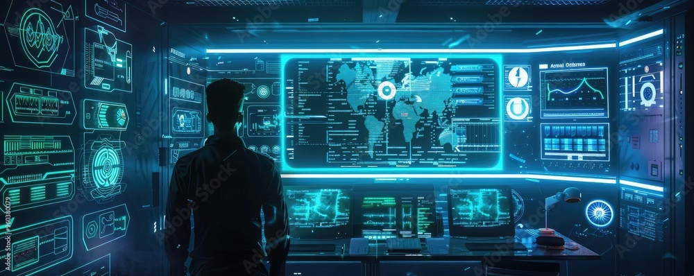 Poster futuristic control room with glowing screens displaying global data, ideal for technology, innovatio