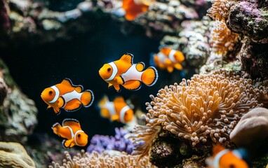 Fototapeta premium A vibrant underwater scene featuring clownfish swimming among colorful coral.