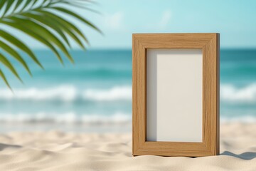 Weathered wooden frame on a sandy beach, with ocean waves in the background, coastal-themed mockup, mockup frame, coastal beach vibe