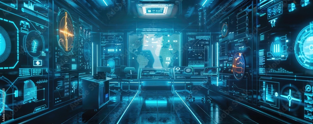 Poster Futuristic control room with advanced technology, glowing interfaces, and digital maps, creating a sci-fi atmosphere.