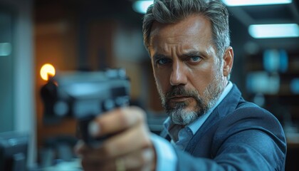 Fototapeta premium caucasian adult man in business suit and with gun in his hand, criminal