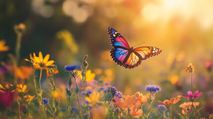Vibrant Butterfly Soaring Over Colorful Wildflowers