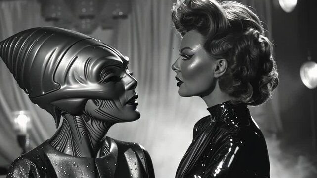 Futuristic Human and Alien Face-Off in Black and White Sci-Fi Setting