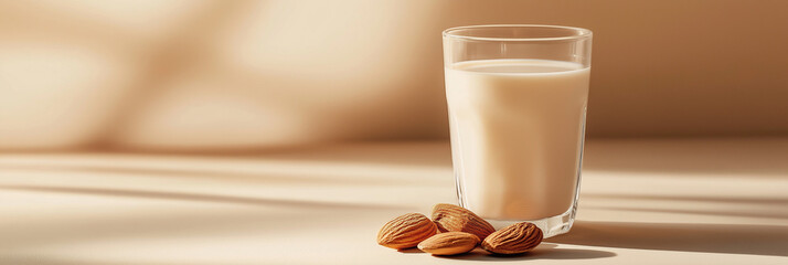 a glass of almond milk with a few almonds beside it against an isolated soft cinnamon background
