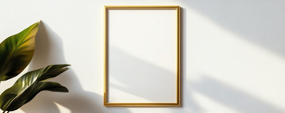 Elegant gold frame on a white wall, sunlight casting soft shadows, mockup scene with clean minimalistic design, mockup frame, luxury interior design concept