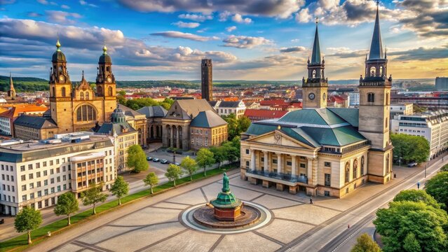 Cityscape of Chemnitz, Saxony with Karl Marx Monument, theater, opera house, and St. Peter's Church, Chemnitz