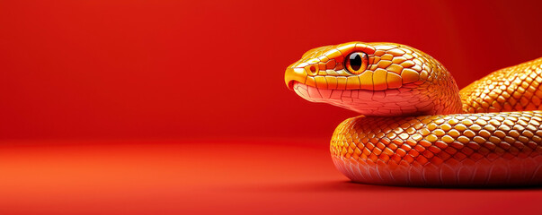 Fototapeta premium New Year of the Snake. A golden snake coiled gracefully on a vibrant red background, showing off its intricate scales and striking features in a studio setting. banner with copy space