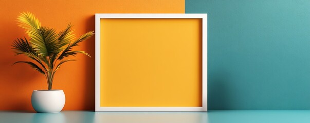 Geometric frame on a bold, colorful background, dynamic mockup for modern graphic art, mockup frame, geometric design concept