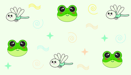 background of cute dragonflies and baby frogs