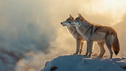 Obraz premium Two wolves standing majestically on a snowy landscape, bathed in warm light, evoking a sense of wilderness and tranquility.