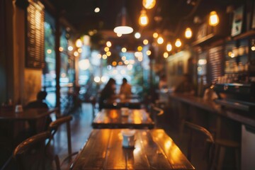 Fototapeta premium Blurred abstract coffee shop background, atmospheric cozy cafe interior shot.