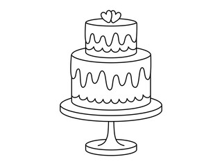Hand drawn cute outline illustration of wedding cake with hearts. 14 February pie. Flat vector marriage party dessert line art doodle style. Valentines day sweet food icon. Romantic event. Isolated.