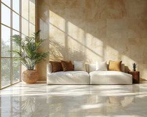 Serene Minimalism in Light-Toned Living Room with White Sofa and Chic Decor