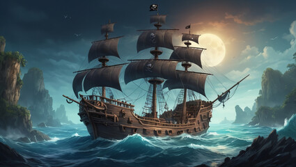 illustration of an amazing view on a pirate ship in the middle of the sea
