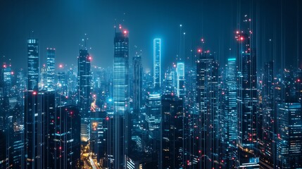 Plakat Nighttime view of a technologically advanced city with sleek, illuminated skyscrapers. Premium background for the latest technology needs