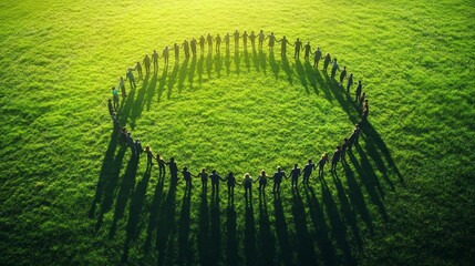 A group of people standing in a circle on green grass, casting long shadows, symbolizing unity and connection.