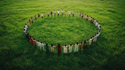 A group of people standing in a circle on green grass, symbolizing unity and connection.