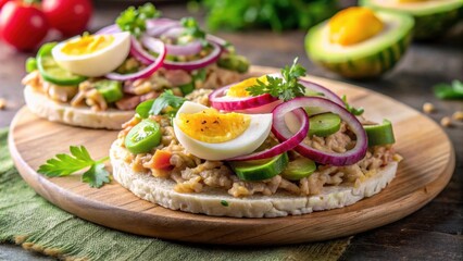 Delicious avocado tuna salad on rice cakes with red onions and boiled egg, perfect for a healthy lunch option