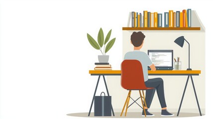 Freelance worker at home, focused on project, flat design illustration