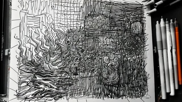 Abstract Black Ink Doodle Drawing with Intricate Patterns and Linework on Paper