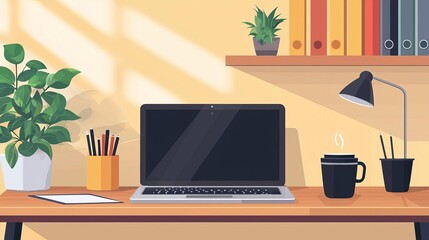 Remote work setup, home office with laptop and coffee, flat design illustration