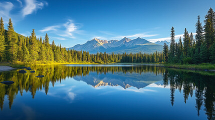 Serene Mountain Lake Reflection: Pristine Wilderness Landscape at Dawn