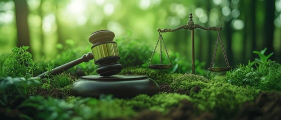A symbolic composition featuring a globe, a gavel, and balance scales, set against a lush green backdrop, representing environmental justice, legal advocacy, and the balance between nature and law.