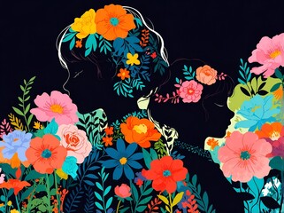 Obraz premium Two silhouettes adorned with vibrant floral designs create a harmonious blend of nature and femininity, set against a dark background that enhances their beauty.