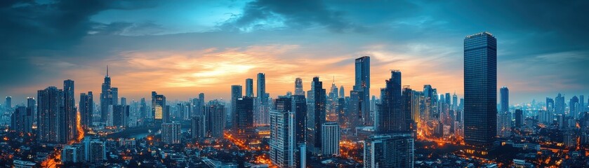 Obraz premium Stunning panoramic view of a modern urban city skyline at sunset, with illuminated skyscrapers and dramatic sky.