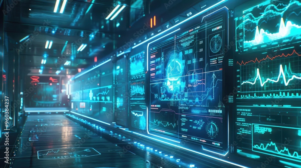 Poster Futuristic digital workspace showcasing advanced technology with glowing interfaces and data visualizations.