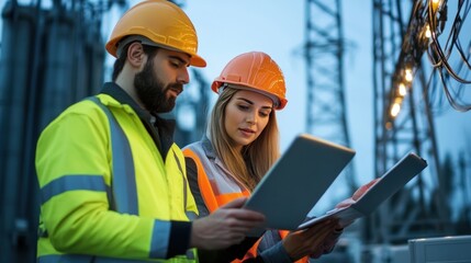 Obraz premium An engineering team working on enhancing the efficiency of electrical transmission lines,