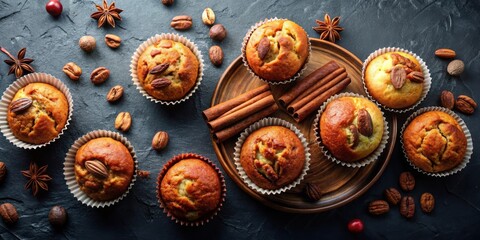 A top view of freshly baked pecan muffins, cakes, and pie on a dark background with copy space