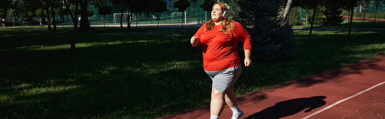 A confident woman enjoys her outdoor workout while jogging along a park path.