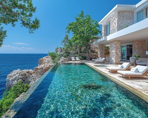 Fototapeta premium Serene Paradise: Luxury Villa Terrace with Plush Sunbeds, Infinity Pool, Breathtaking Sea View, and Clear Blue Sky