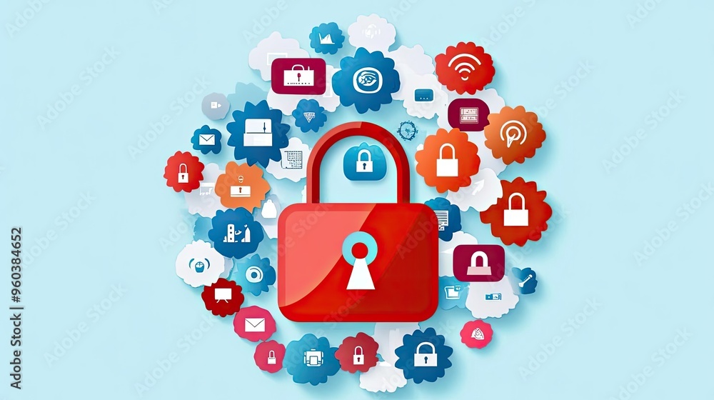 Poster a visual representation of digital security featuring a red lock surrounded by various technology ic