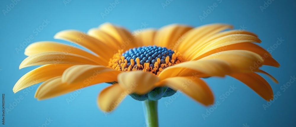 Wall mural close-up of a yellow flower with a blue center against a blue background