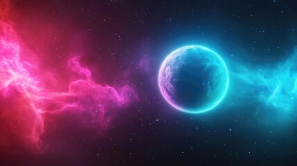 Obraz premium A vivid cosmic scene featuring a glowing planet surrounded by colorful nebulae, perfect for space-themed designs.