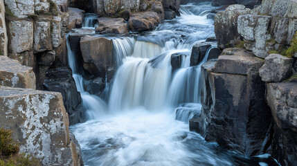 Cascading Waterfall through Rocky Gorge: Nature's Power and Serenity