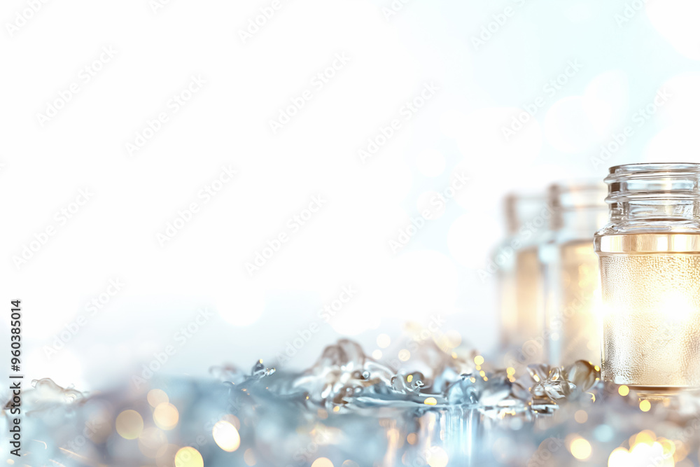 Poster several clear jars containing a liquid are positioned on a glossy surface, surrounded by ice and gen