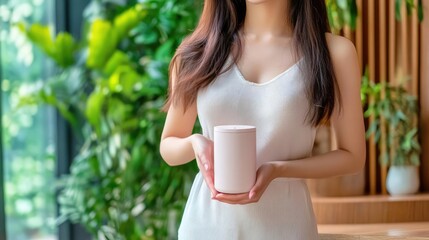 A woman holds a pink ceramic cup in a cozy, plant-filled environment, embodying a serene moment of relaxation.