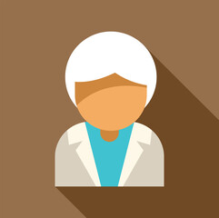 Flat design icon of a senior female doctor with white hair wearing a lab coat, suitable for healthcare, medical, and professional avatar concepts