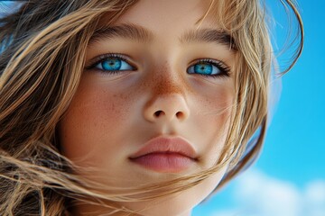 Girlâ€™s face, windblown hair, carefree spirit reflects a sense of freedom and adventure