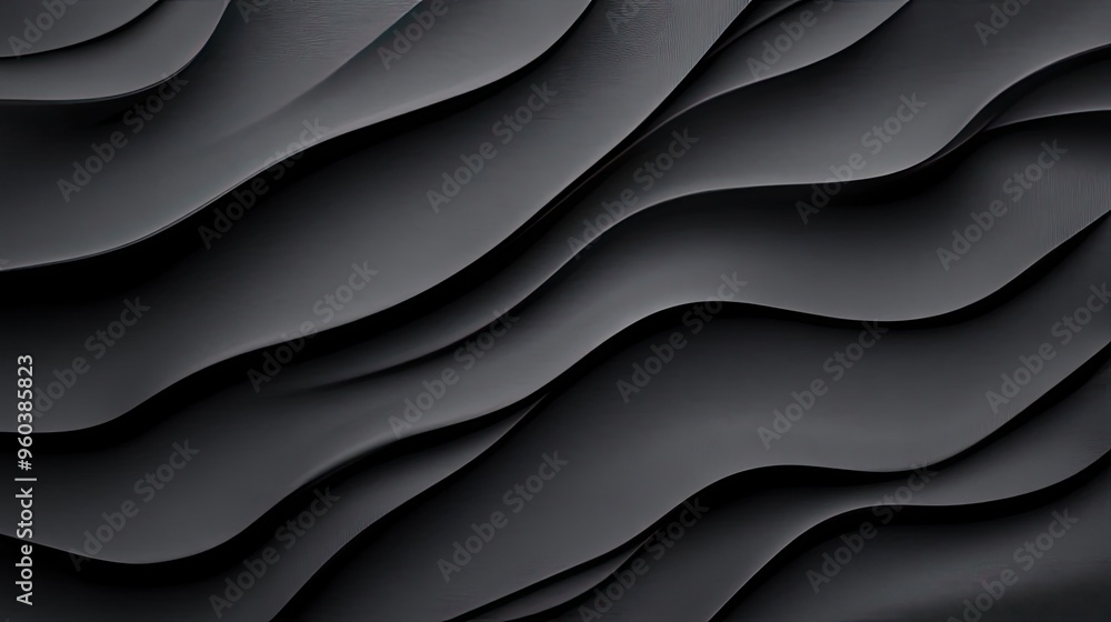 Poster abstract black wave pattern with soft curves creating depth and texture, ideal for backgrounds and m