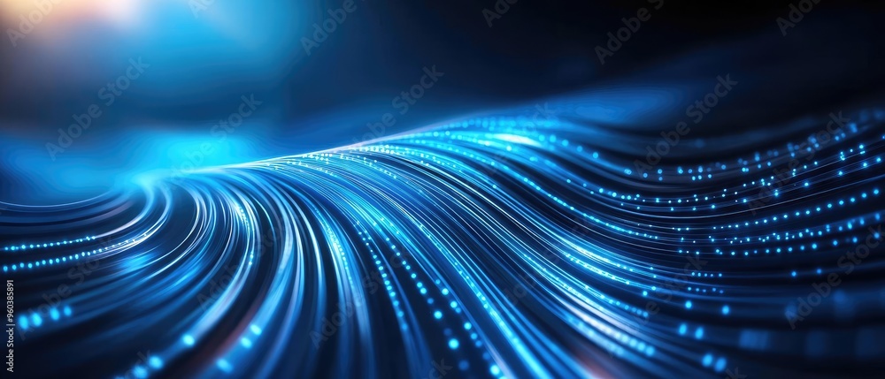 Poster abstract blue wave background with glowing lines and particles, representing technology, data flow, 