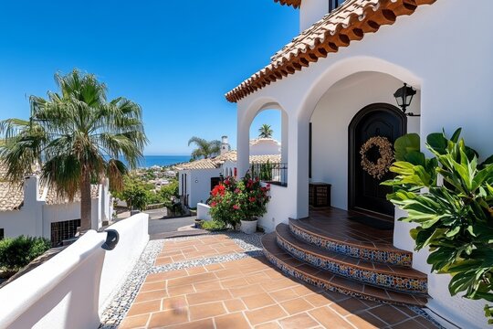 House, Mediterranean villa, warm and inviting features terracotta roofs, stucco walls, and vibrant tilework