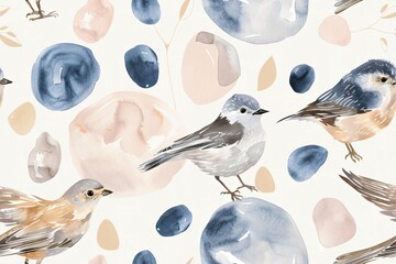 Seamless pattern with birds. Birds and abstract shapes in muted colors on a white background.