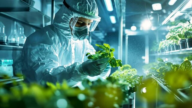 Scientist in Sterile Suit Examining Plants in a High-Tech Laboratory