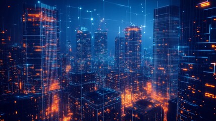 Nighttime view of a technologically advanced city with sleek, illuminated skyscrapers. Premium background for the latest technology needs