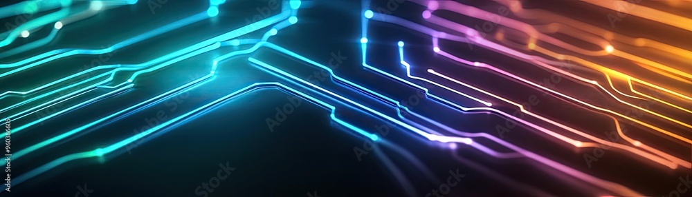 Poster abstract technology background with glowing circuit lines in vibrant colors, representing innovation