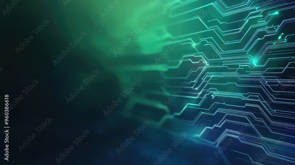 Poster abstract technology background featuring intricate circuit patterns and a blend of green and blue hu